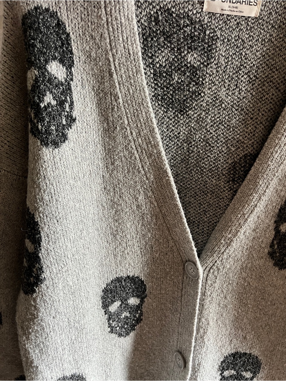 No Boundaries Light Gray Cardigan with Black Skull Pattern - Picture 3 of 7